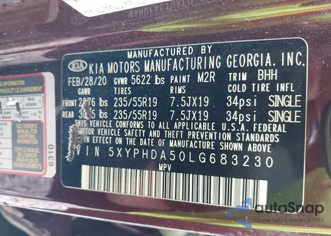 2020 Kia Sorento 3.3L Ex z USA, uszkodzony, nr VIN 5XYPHDA50LG683230